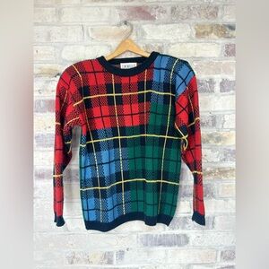 Vintage Novelli Sweater Womens Plaid Tartan Red, Blue, Green Casual Cotton 80s S